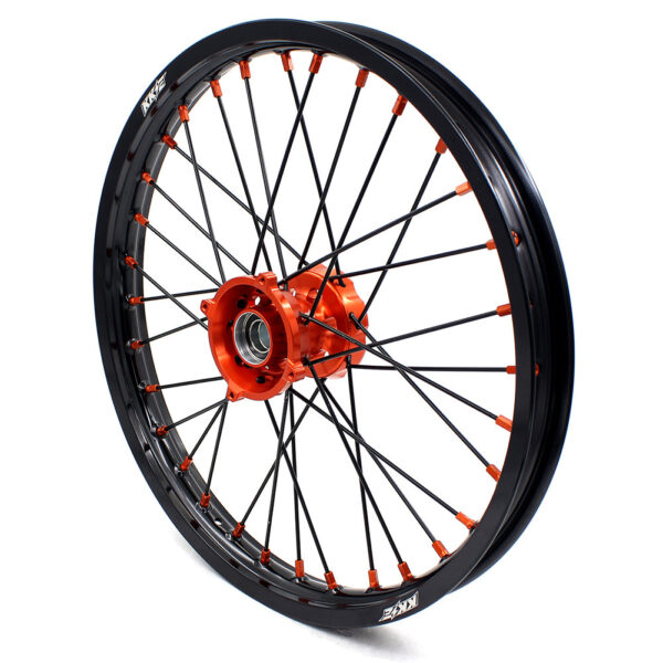 KKE 17/14 Spoked Kid's Small Wheels For KTM SX85 2021-2024 Orange Nipples & Black Spokes - Image 5