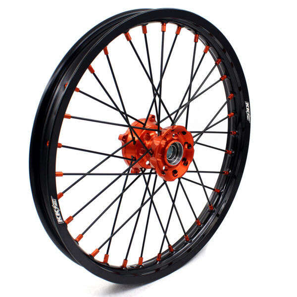 KKE 17/14 Spoked Kid's Small Wheels For KTM SX85 2021-2024 Orange Nipples & Black Spokes - Image 2