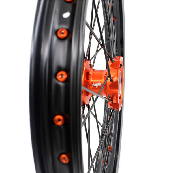 KKE 17/14 Spoked Kid's Small Wheels For KTM SX85 2021-2024 Orange Nipples & Black Spokes - Image 6
