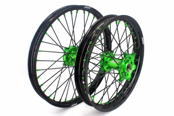 KKE 1.6*21 & 2.15*19 Wheels Rims Fit Kawasaki KX450 2019-2023 KX450X 2021-2023 Green Nipples & Black Spokes - Image 2